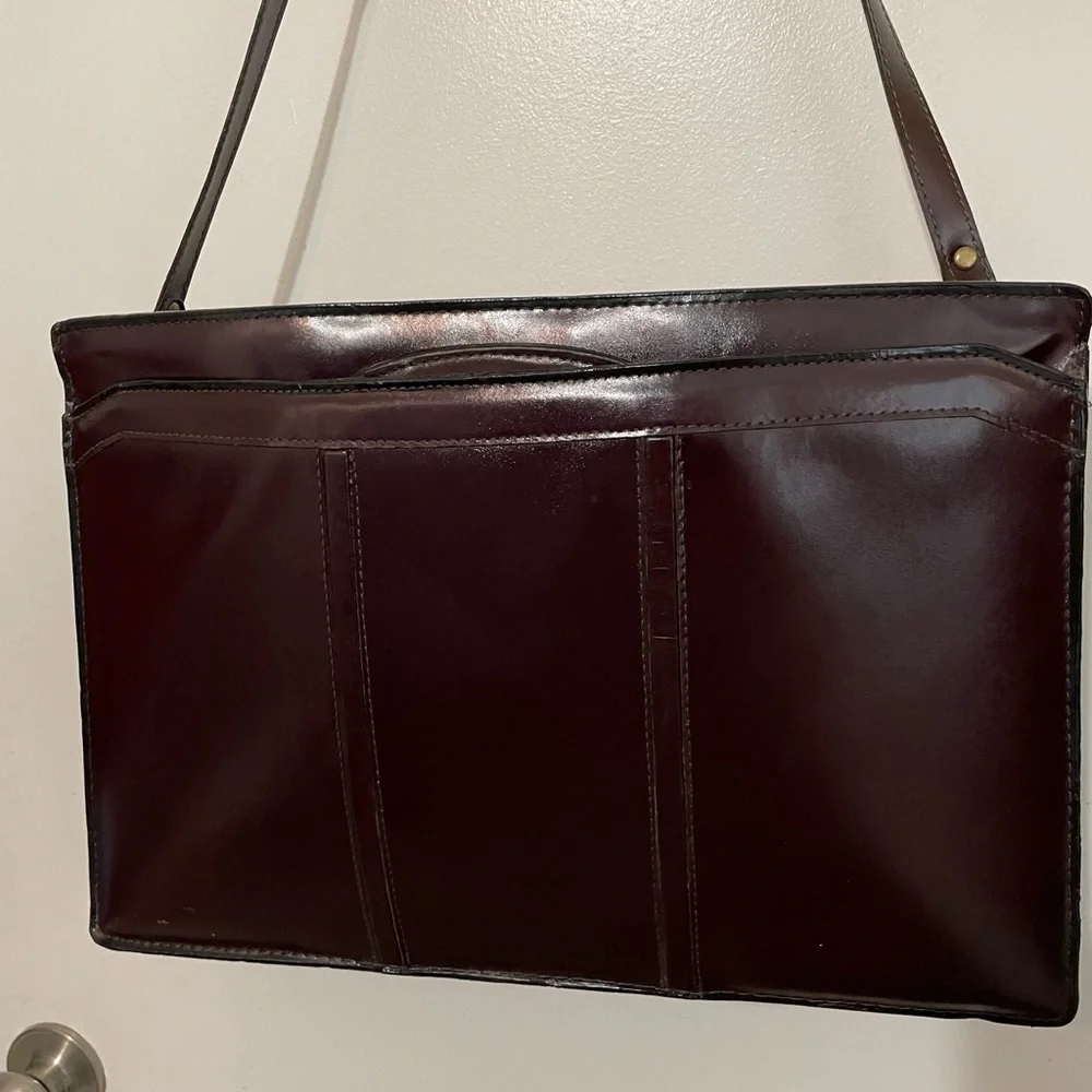 Vintage Burgundy Quality Top Grain Leather unisex Briefcase W Shoulder Strap